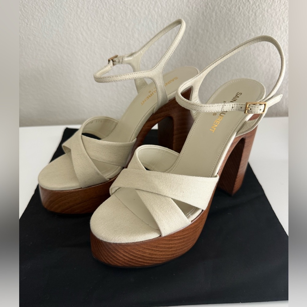 Saint Laurent Bianca Cream Canvas Platform Sandals with Wood Block Heel